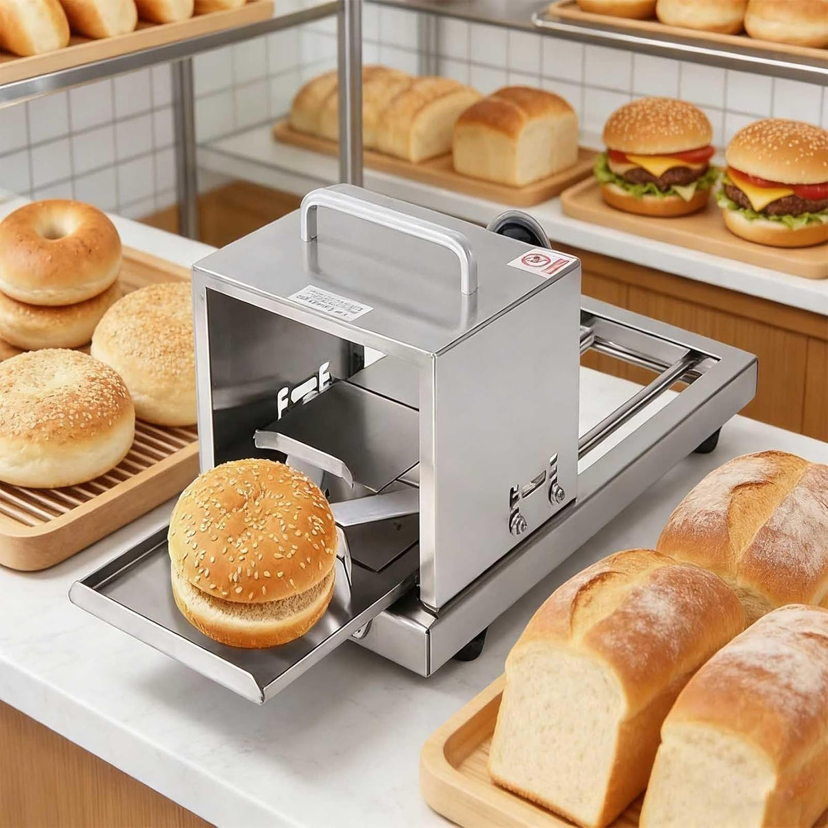 Manueller Bagelschneider, Silber, mit einstellbarer Dicke - 4 Einstellungen, Edelstahl, müheloses Glattgleiten Schneiden für Bagels