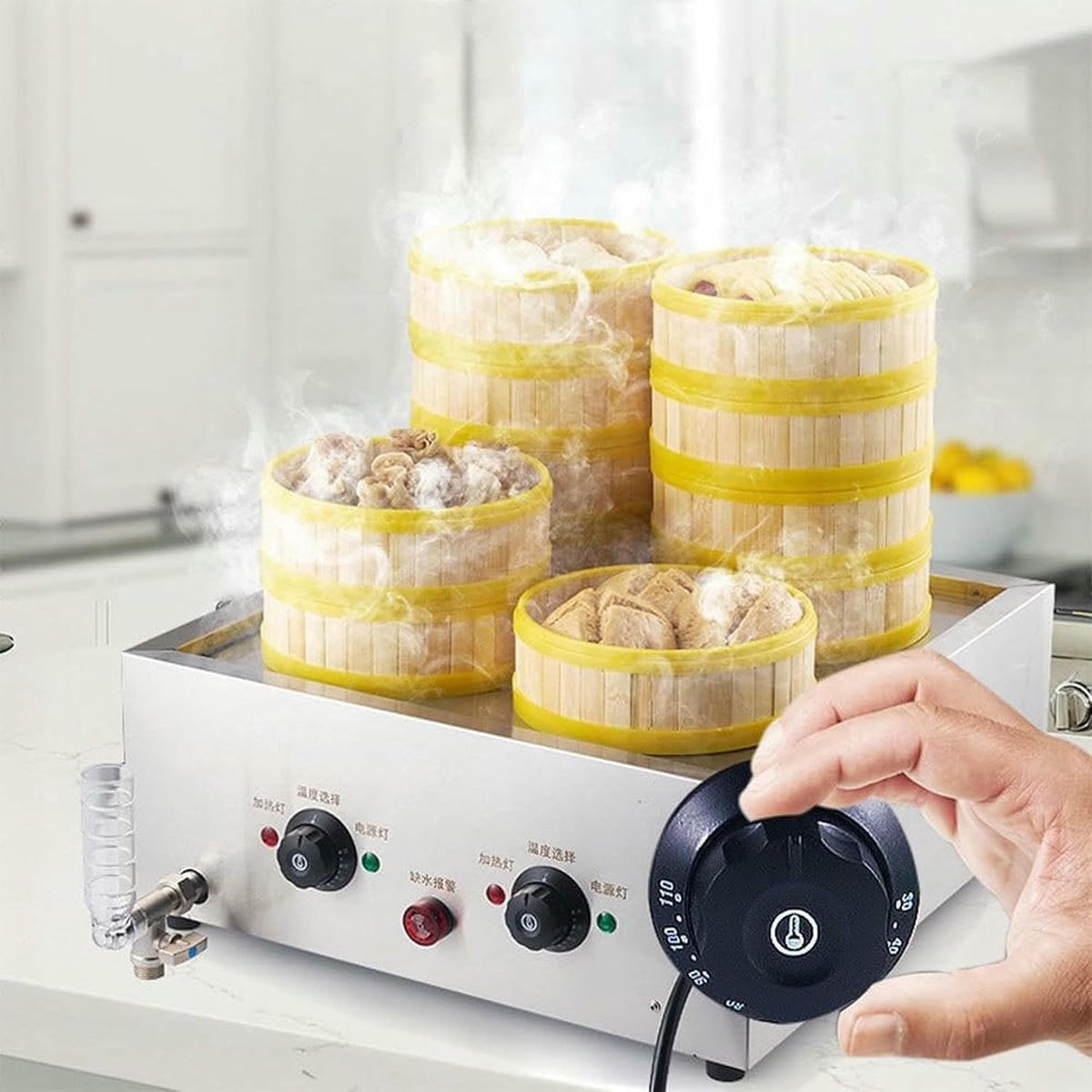 DSeenLeap Buffetschrank, Schwarz, Elektrische 4-Loch-Dampfbrötchenmaschine, Dampfgarer für gewerbliche Lebensmittelbrötchen