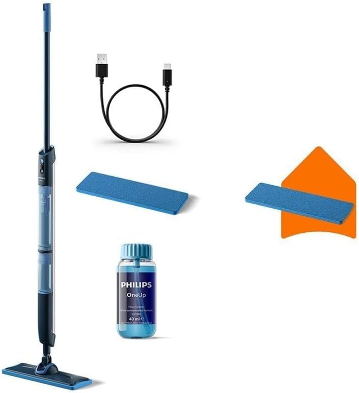 PHILIPS Nass- & Trockenmopps, Schwarz, OneUp 5000 Serie Elektrischer Wischmopp - 2X sauberere, Kabellos mit 360° Drehgelenk + 1 Pad extra