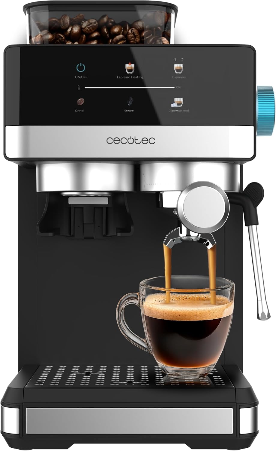 Cecotec Kaffeemaschine, 1350 W, 1,7 L, Schwarz/Silber, Espressomaschine Power Espresso 20 Grind +, Wassertank