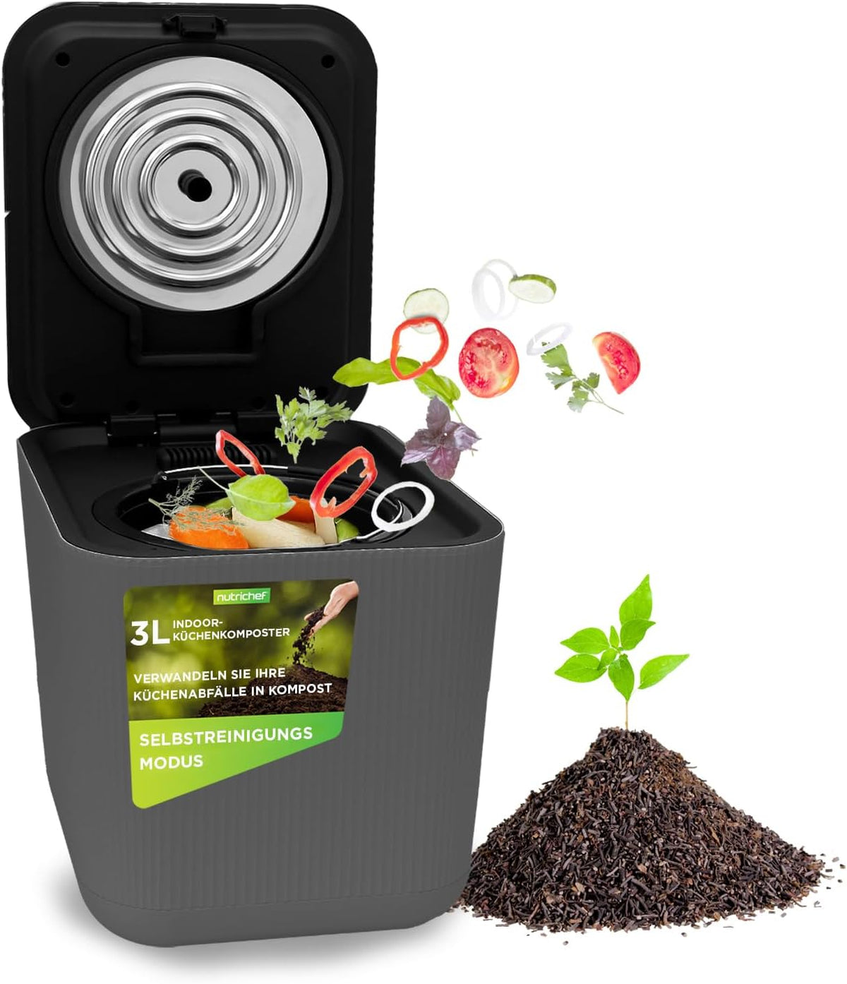 NutriChef Komposteimer, 3 L, Schwarz, Elektrischer Komposter, - Biomülleimer Küche, - Für Organisches Material & Lebensmittelreste
