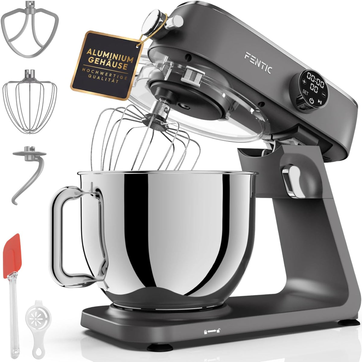 Fentic Universalküchenmaschinen, 1800 W, 7 L, Silber, Edelstahl-Rührschüssel, Knetmaschine für Brotteig & Pizzateig