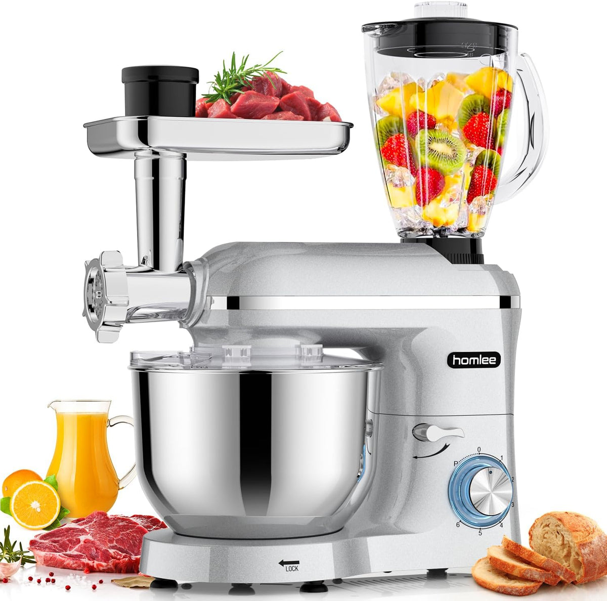 homlee Universalküchenmaschinen, 2000 W, 1.5 L, 5.5 L, Schwarz, 3 in 1 Universal Küchenmaschine Multifunktionale, mit Fleischwolf