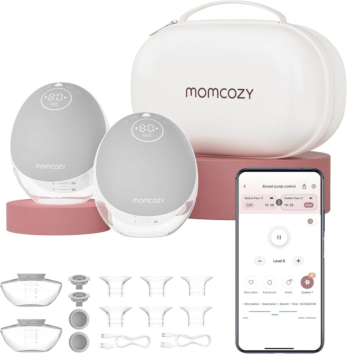 Momcozy Brustpumpen, 24 mm, Grau, Freihändige Milchpumpe Mobile Flow, M9 Upgrade, Elektrisch & App-Steuerung, Personalisierte Multi-Modi & 15 Stufen