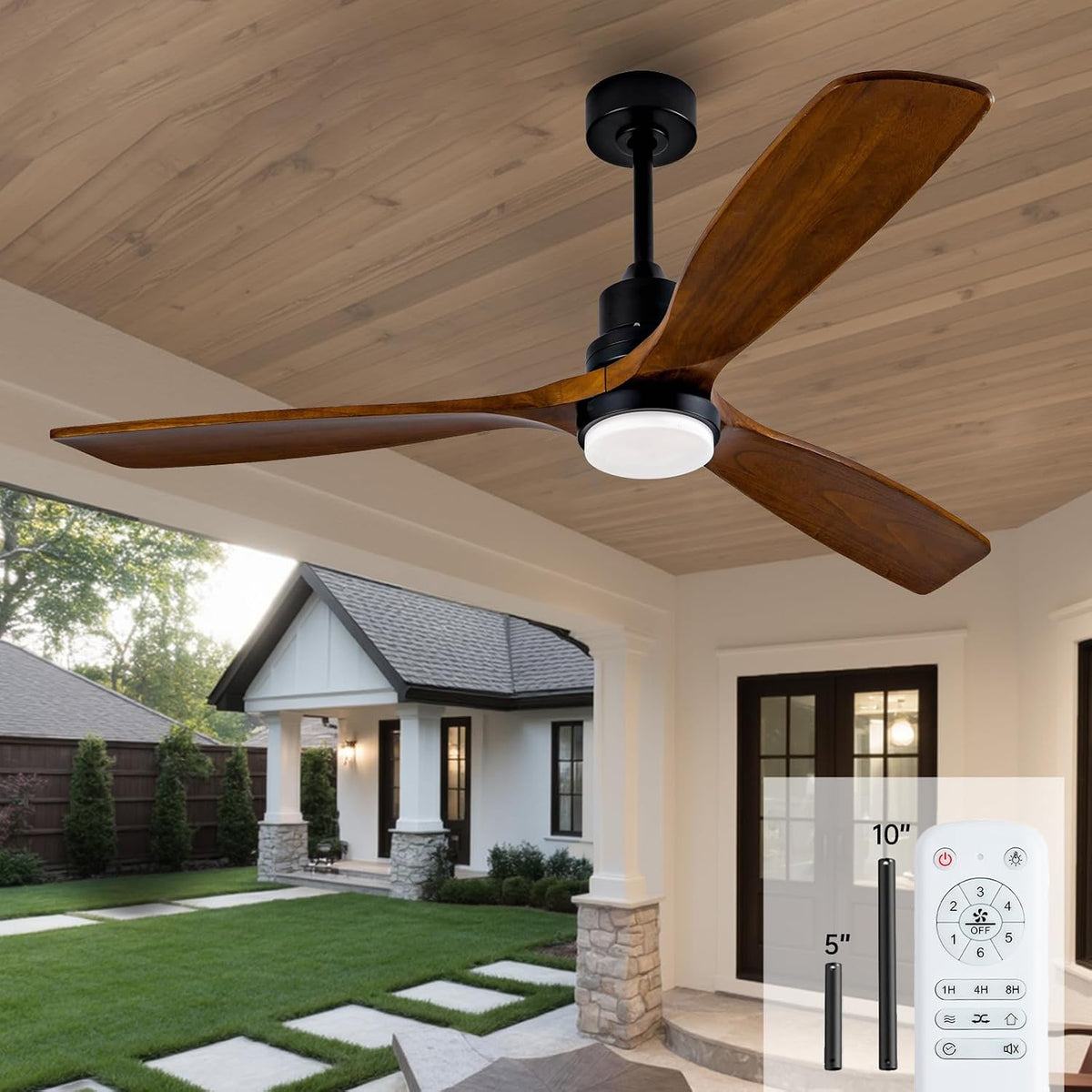 Ceversa Deckenventilator, 60 Zoll, Weiß, en mit Leuchten und Fernbedienung, Holz Outdoor für Veranda mit dimmbarem LED-Licht