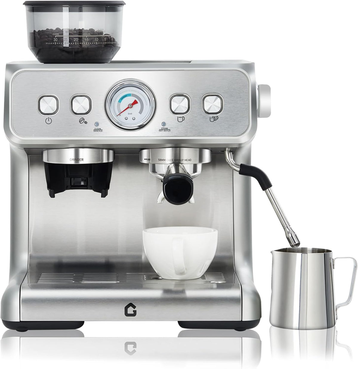 Euker Kaffeemaschine, 20 Bar, 2,8 L, Schwarz/Silber, Espressomaschine mit Kegelmahlwerk & Druck - Vollautomat, Dampfrohr