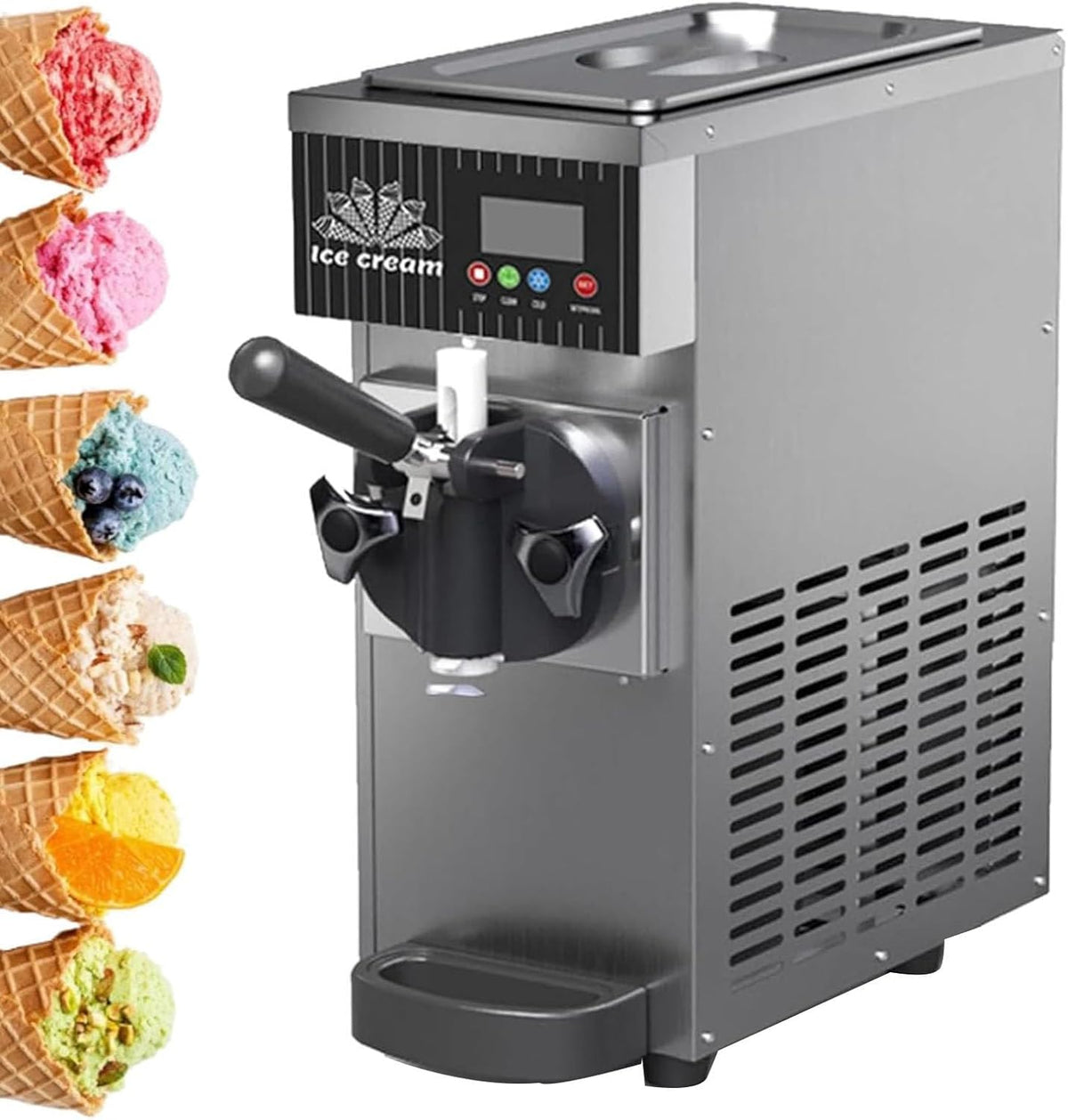 Oiyekntd Eismaschine, 750 W, Edelstahl, Silber, für eine Eissorte, gewerbliche Tisch-Soft, LCD-Bedienfeld für Restaurants und Konditoreien