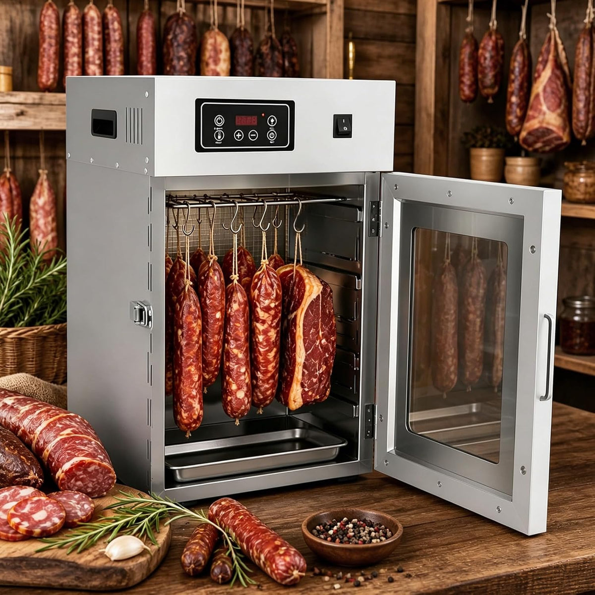 moupeaktain Reifeschrank, Silber, Dry AGER, Edelstahl Fleisch-Trockenschrank mit 14 Haken, Digitaler Temperaturregelung 30-90℃