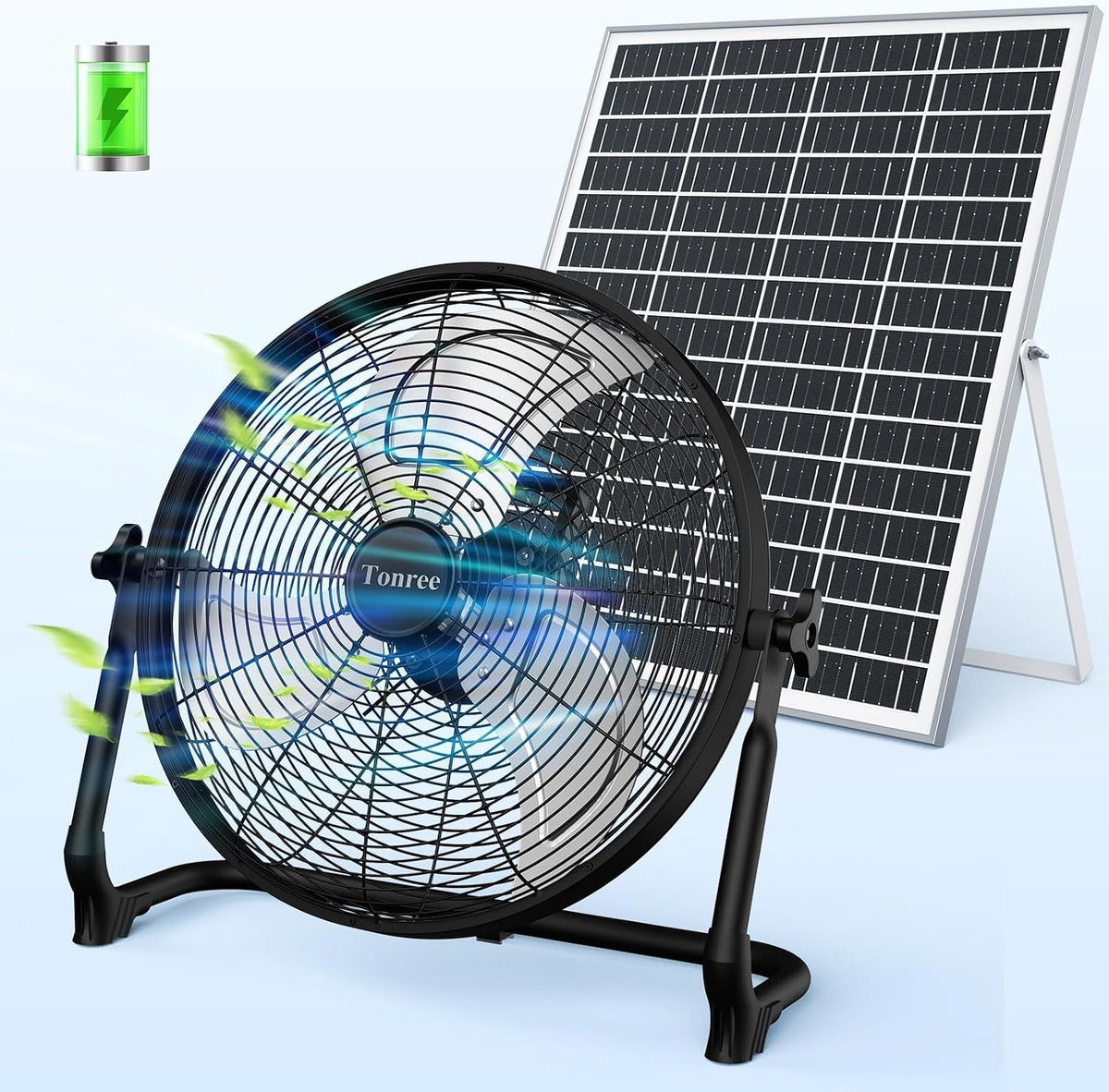 Tonree Bodengebläse, 45,7 cm, Weiß, Tragbarer batteriebetriebener Solarventilator, wiederaufladbarer Campingzelt-Ventilator