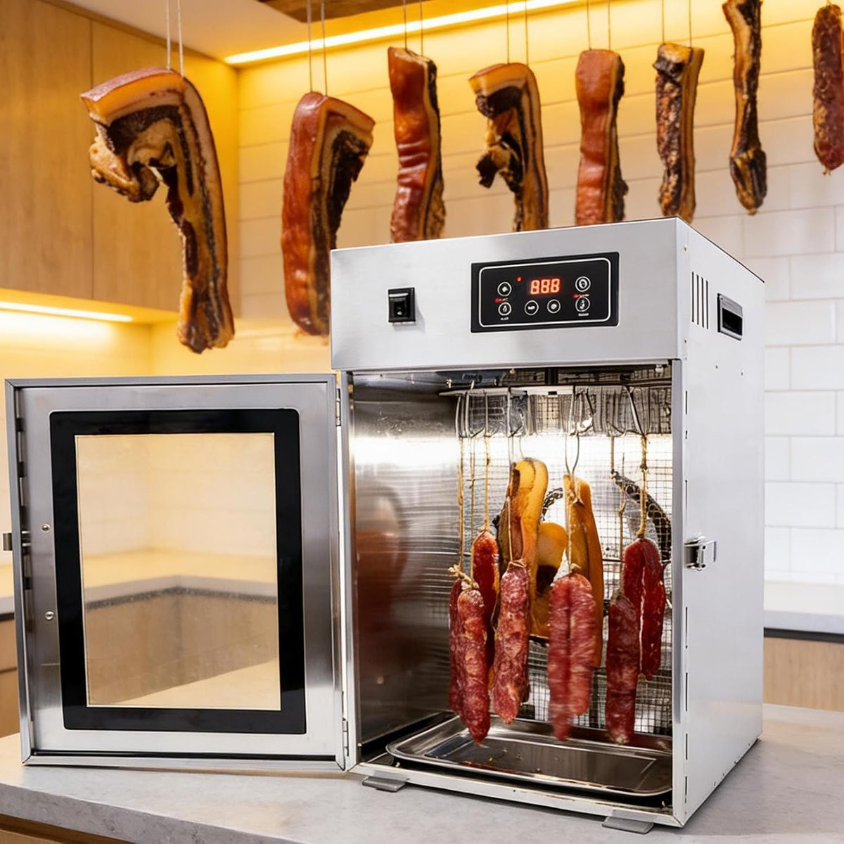 menglanchang Reifeschrank, 14 Haken (bis zu 7,5 kg pro Durchgang), 800 W, Lebensmittelechter Edelstahl, Grau