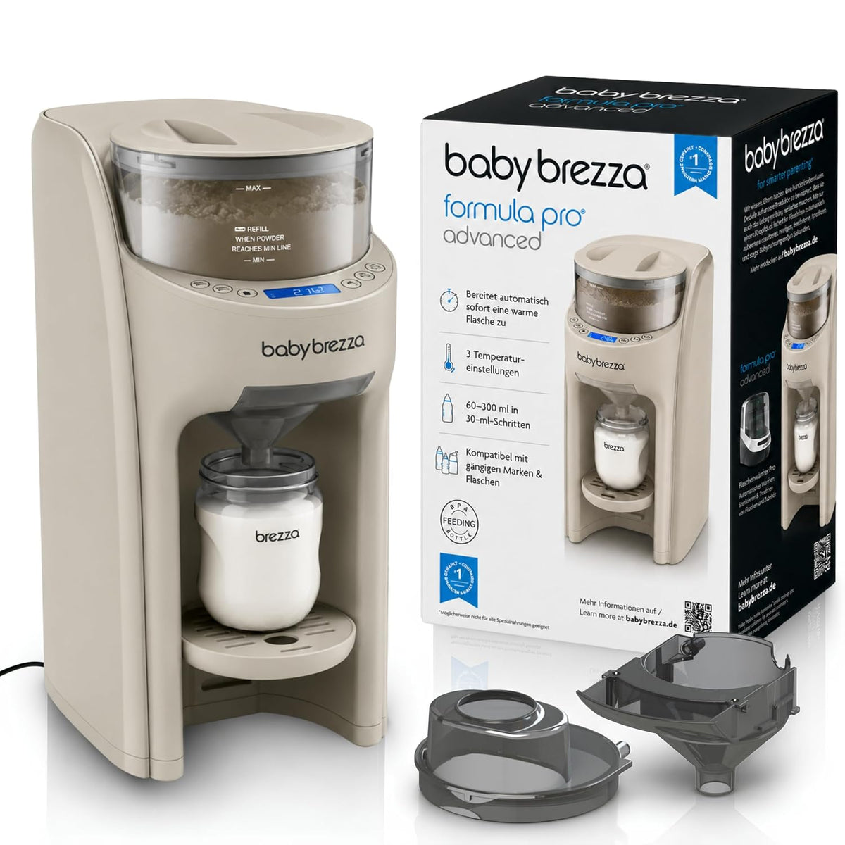 Baby Brezza Flaschenwärmer & -abkühler, Grau, Formula Pro Advanced automatischer Flaschenzubereiter, Oatmeal, 2 Milchpulvertrichter (1 im Gerät