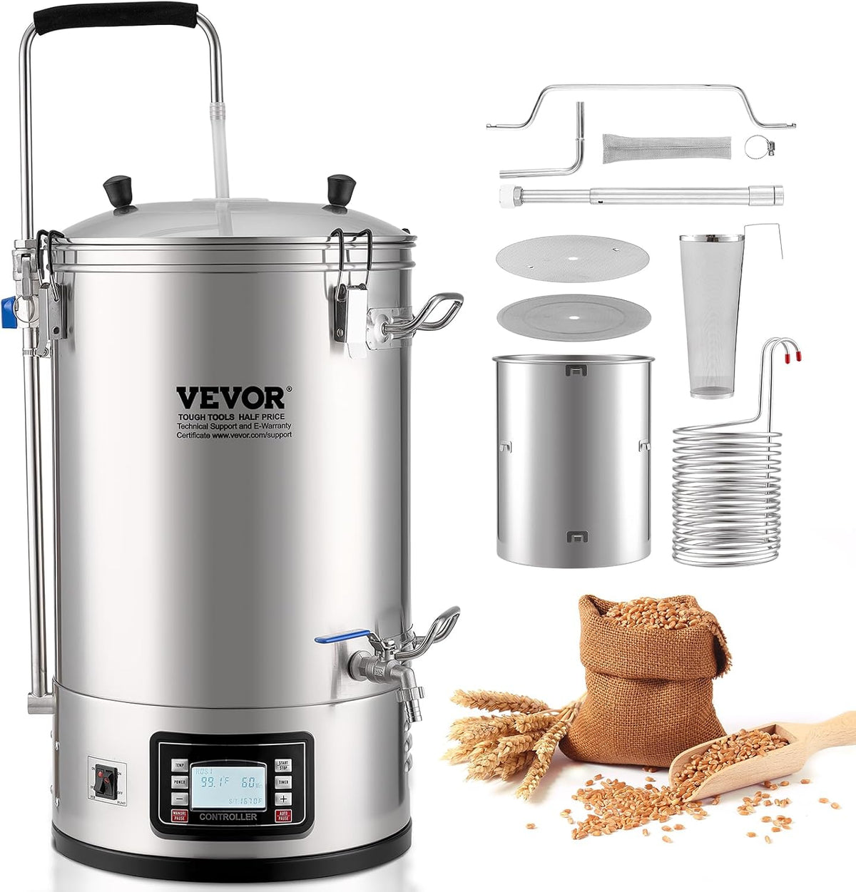 VEVOR Heimbrau-Sets, 2500 W, 30 L, Braun, Bierbrauanlage (Brauvolumen), Maischekessel mit Pumpe, Elektrisches Brühsystem zum Bierbrauen