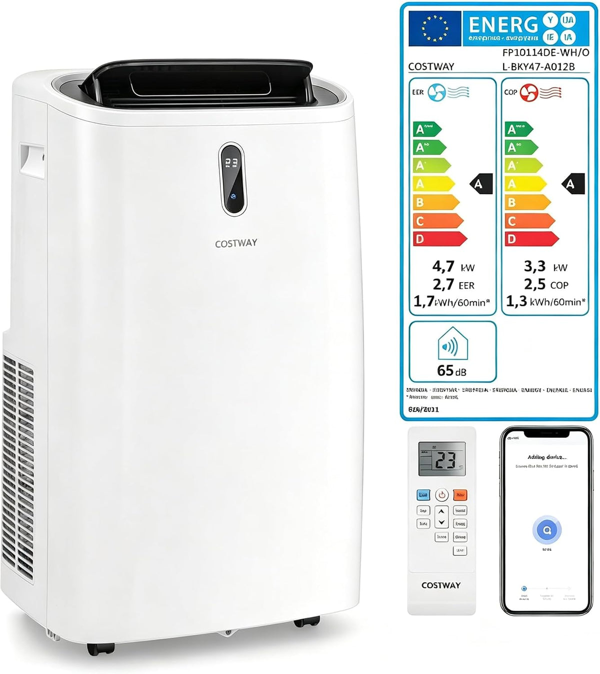 COSTWAY Klimaanlage, ≤ 56 dB, ABS, Weiß, 16000BTU Klimagerät mobil, mit Abluftschlauch
