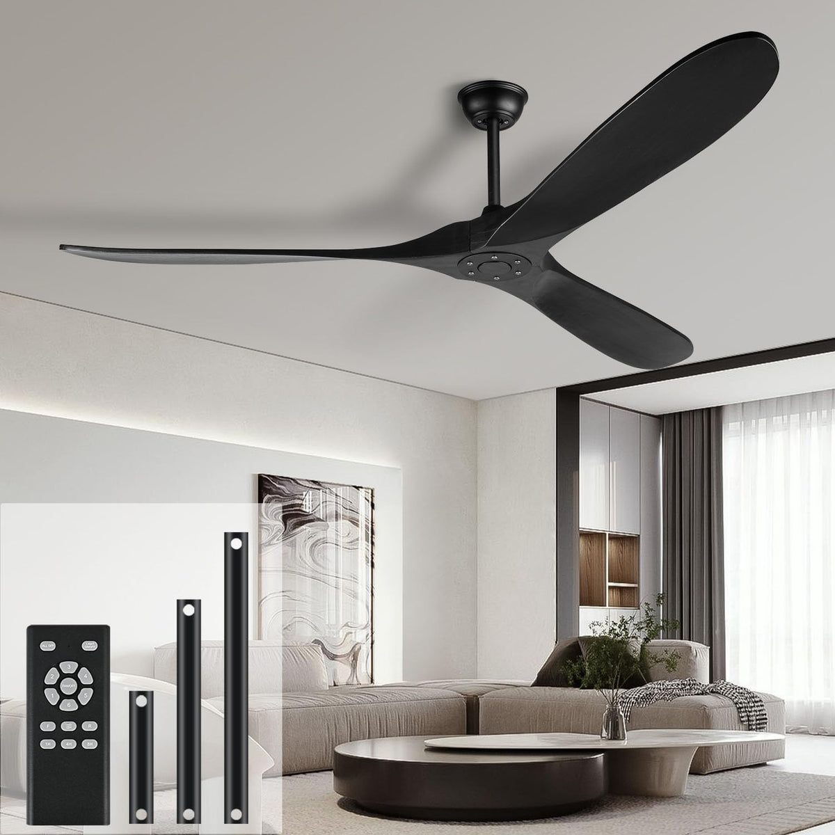 heimo Deckenventilator, 183,9 cm, Weiß, schwarzer ohne Licht Indoor Outdoor 3 Blatt Holz ohne