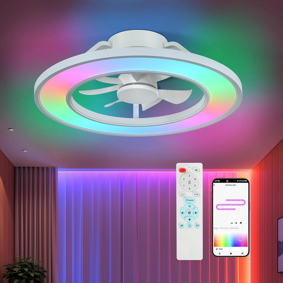 mnikopE Deckenventilator, 50,8 cm, Weiß, RGB- en mit Beleuchtung und Fernbedienung, flache en, 3000, 6000 K, dimmbar