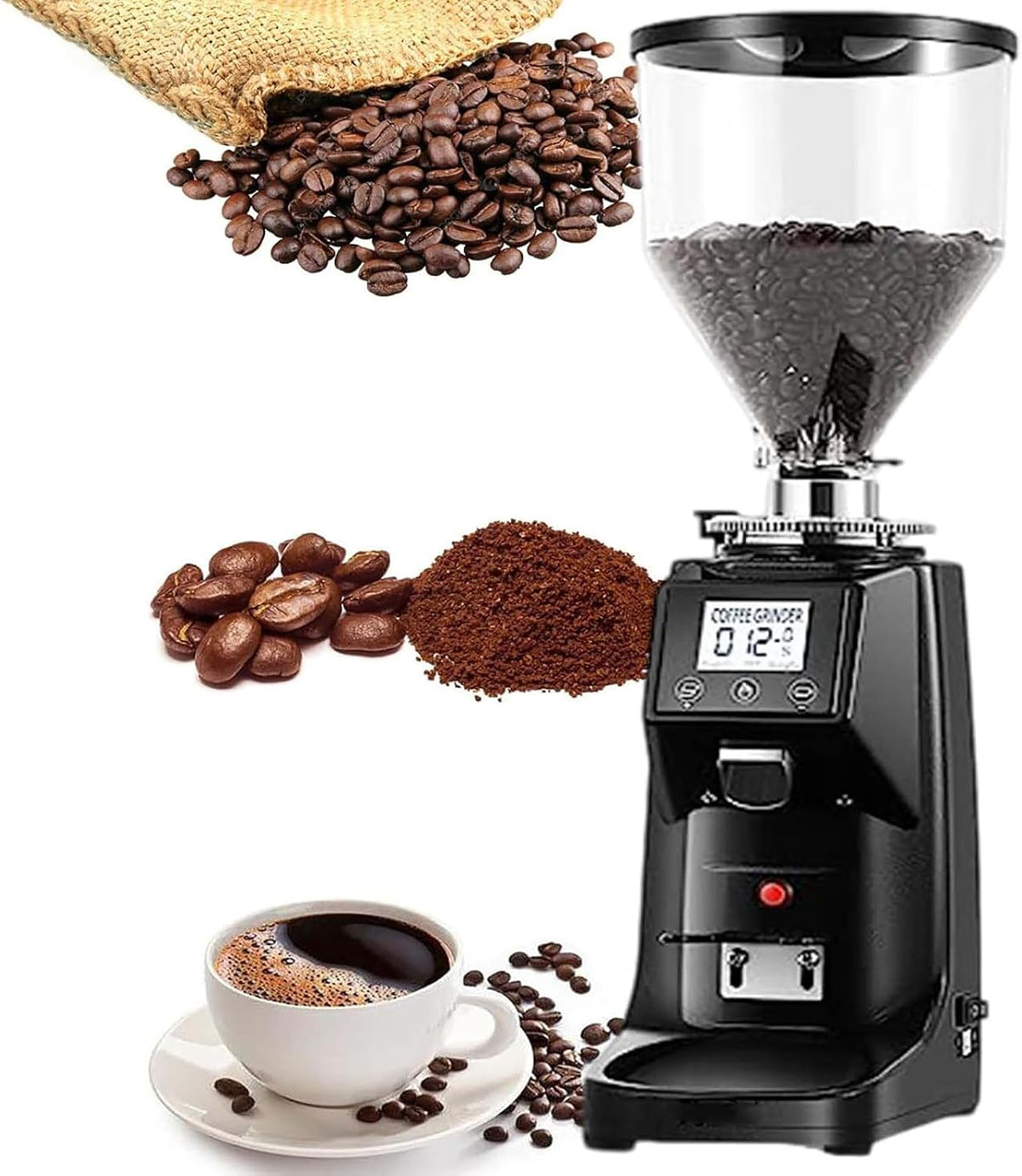 WDDEYYDS Kaffeemaschine, Schwarz, Gewerbliche 60-mm-Scheibenmahlwerk-Kaffeemühle, 19 Präzisionsmahlgrade + Digital-Timer-Display