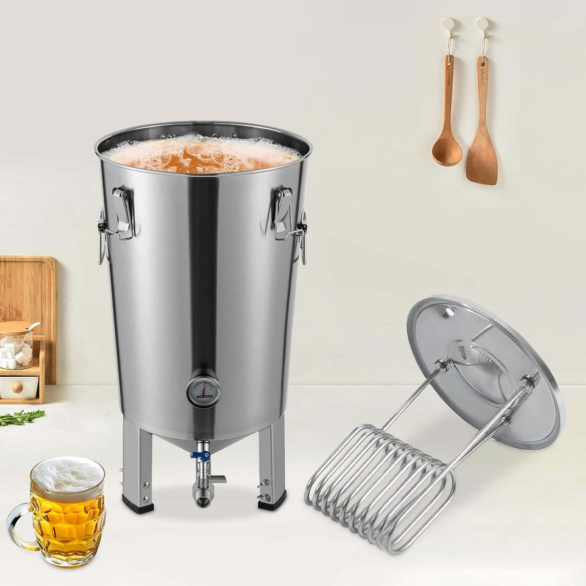 ZNLLQZN Gärbehälter, 32 L/ 7.04 Gal, Silber, Bierbrauset 32 L Bierbrauanlage mit Kühler und Thermometer, für Gärung von Heimischem Bier