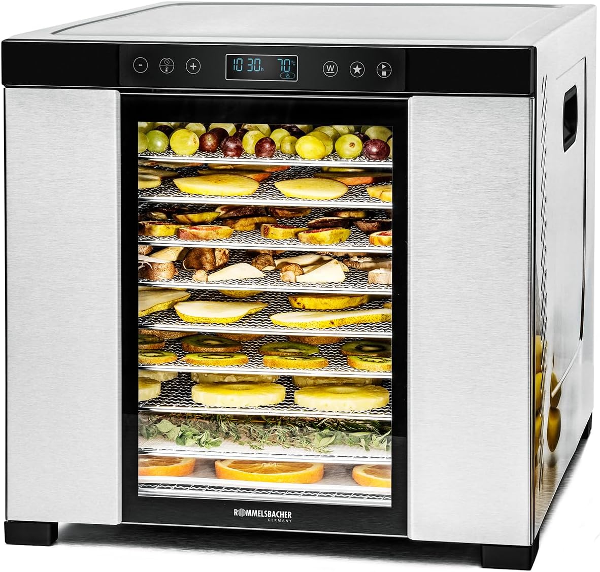 Rommelsbacher Dörrautomaten, 1,6 m, Silber, Dörrautomat DA 1050, Dörrfläche ², 10 Edelstahl-Dörrtabletts, Warmhaltefunktion