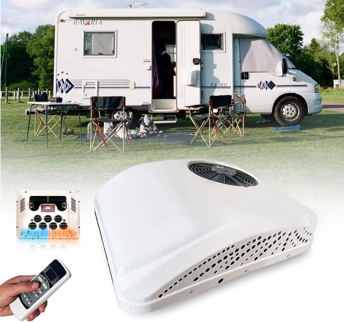 AYUE Mobiles Klimagerät, Länge (68 cm) x Breite (63 cm) x Höhe (20 cm), Weiß, 2 in 1 DC RV Klimaanlage RV Dach Klimagerät mit Kühlung