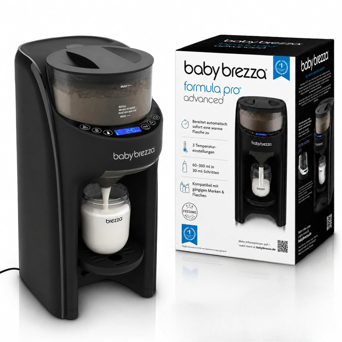 Baby Brezza Flaschenwärmer & -abkühler, Schwarz, Formula Pro Advanced Automatischer Flaschenzubereiter, 3 Temperaturen