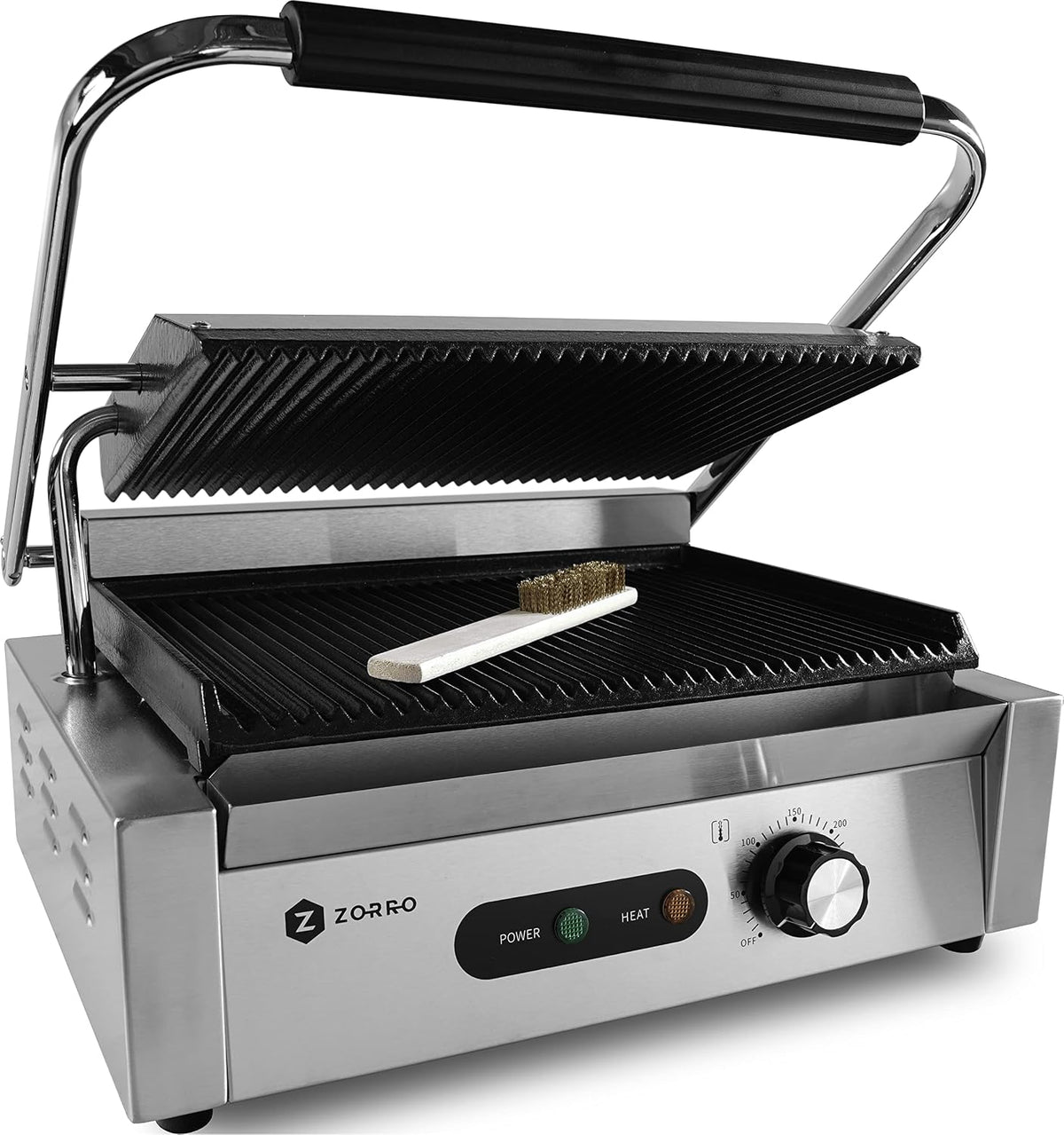 ZORRO Elektrogrill, Silber, Professioneller Kontaktgrill, Edelstahl mit Grillplatten, Panini-Maker mit Temperaturregelung
