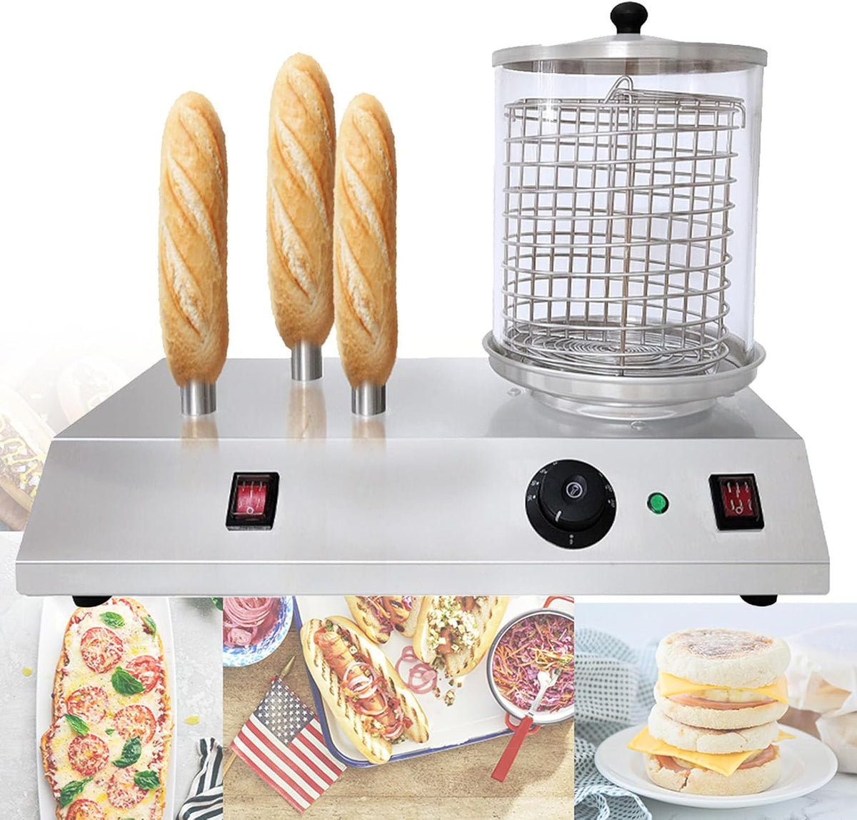 Oiyekntd Hot Dog-Maschinen, 458 W, Silber, Professioneller elektrischer Hot-Dog-Dampfgarer, Dampfgarer und Brötchenwärmer aus Edelstahl