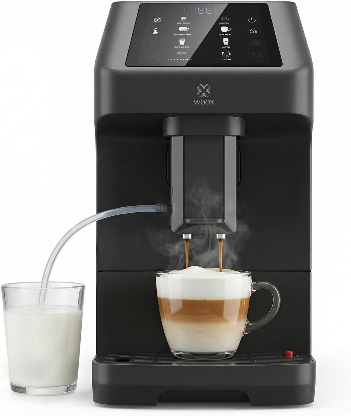 Woox Kaffeevollautomat, 19 Bar, 1,5 L, Schwarz/Silber, Espresso Maschine mit Mahlwerk & Milchaufschäumer, Wassertank