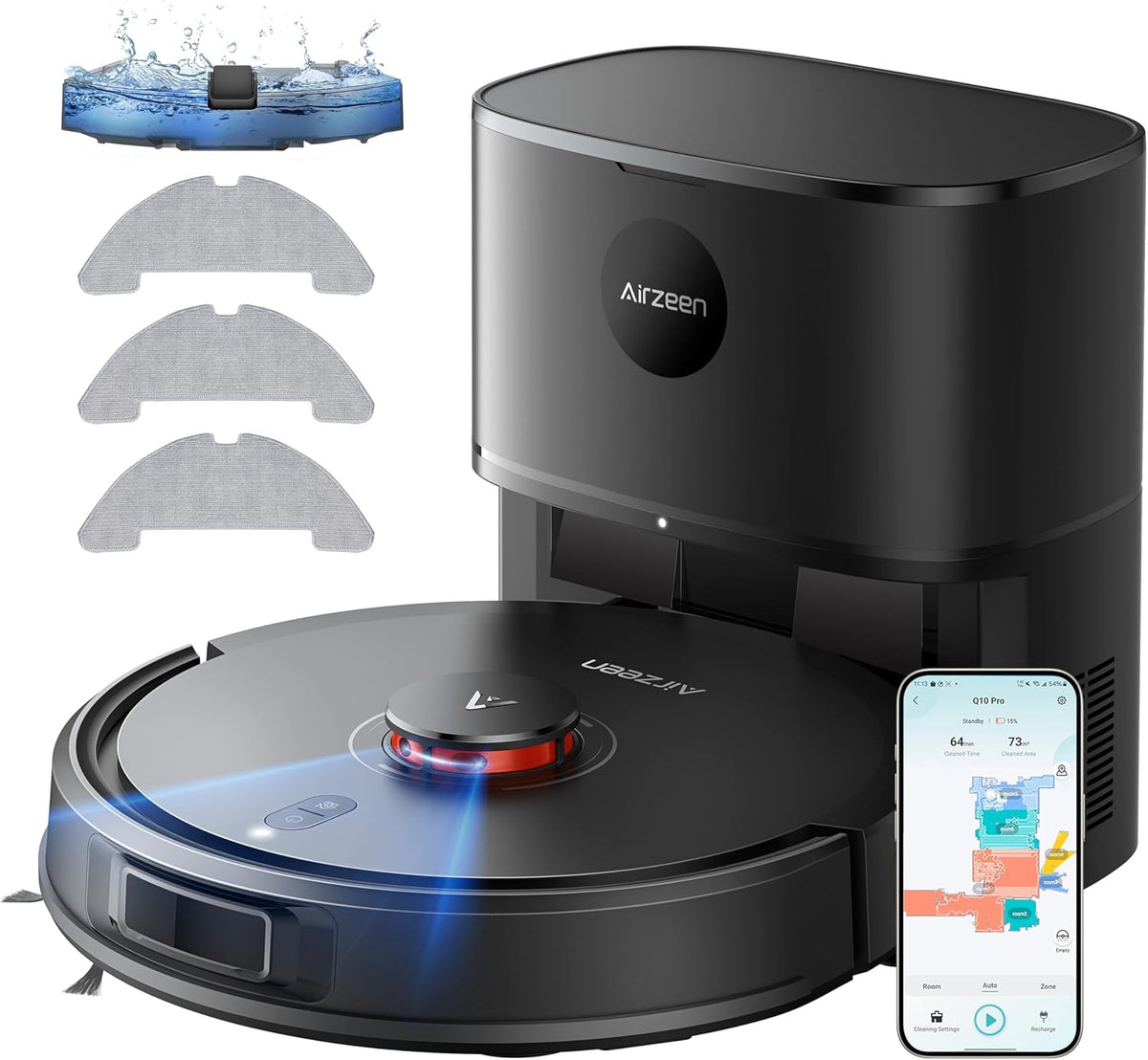 Airzeen Saugroboter, Schwarz, mit Wischfunktion, Staubsauger Roboter mit Absaugstation, 8000Pa Saugkraft Saug und Wischroboter