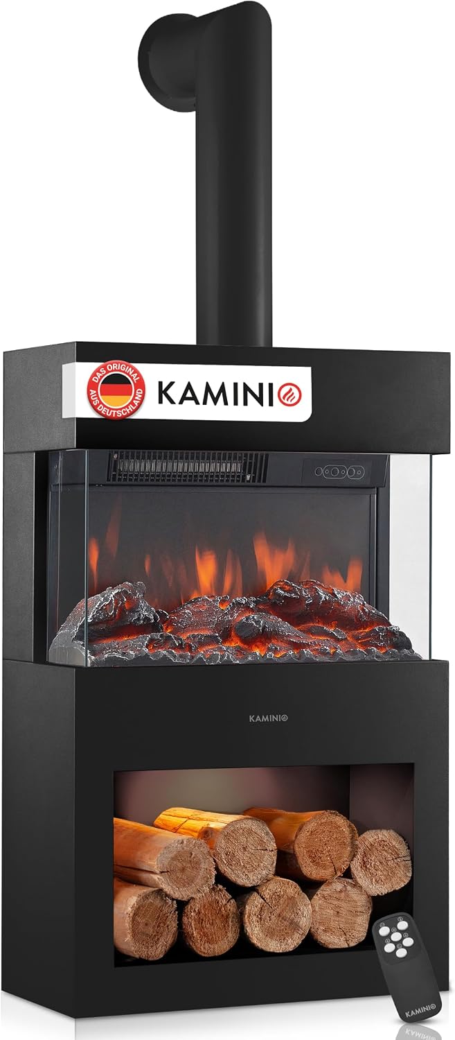 KAMINIO Elektrokamin, Schwarz, Henri mit Ofenrohr - Elektrischer Kaminofen mit Heizung, 3D-Flammeneffekt, Holzfach