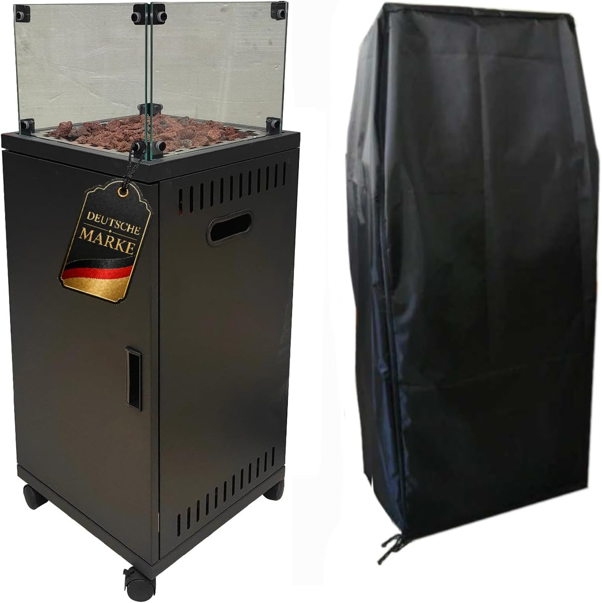 APANA Heizstrahler, 8 kW, Schwarz, Gas FUEGO, Terrassenfeuer mit Sichtfenster & Rollen, Heizpilz für Garten, Balkon & Terrasse