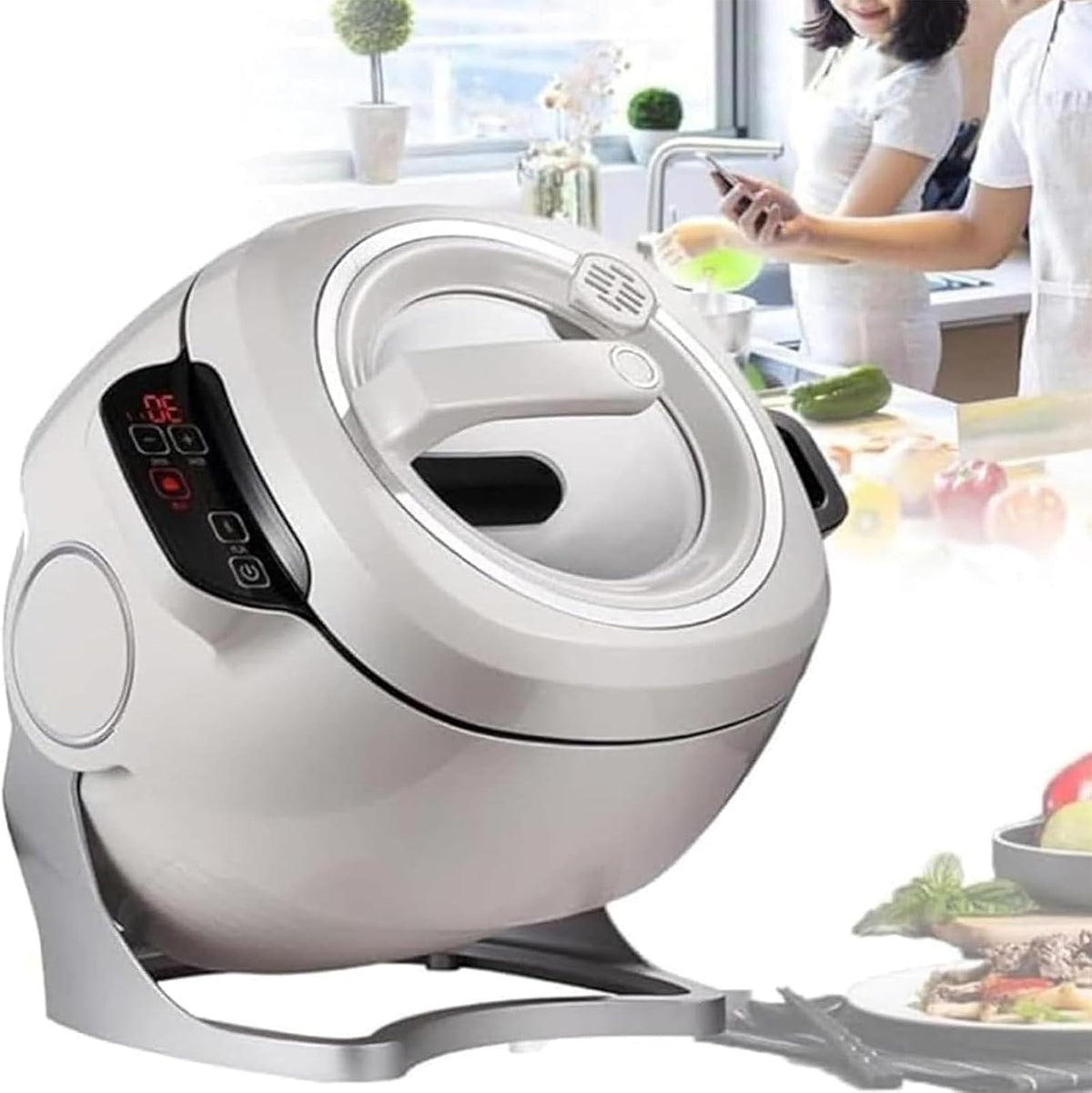 MhWrughts Reiskocher, 2000 W, Grau, Automatischer Kochroboter, 6-Liter-Wok mit automatischem Kochvorgang, elektrische Pfannenrührmaschine