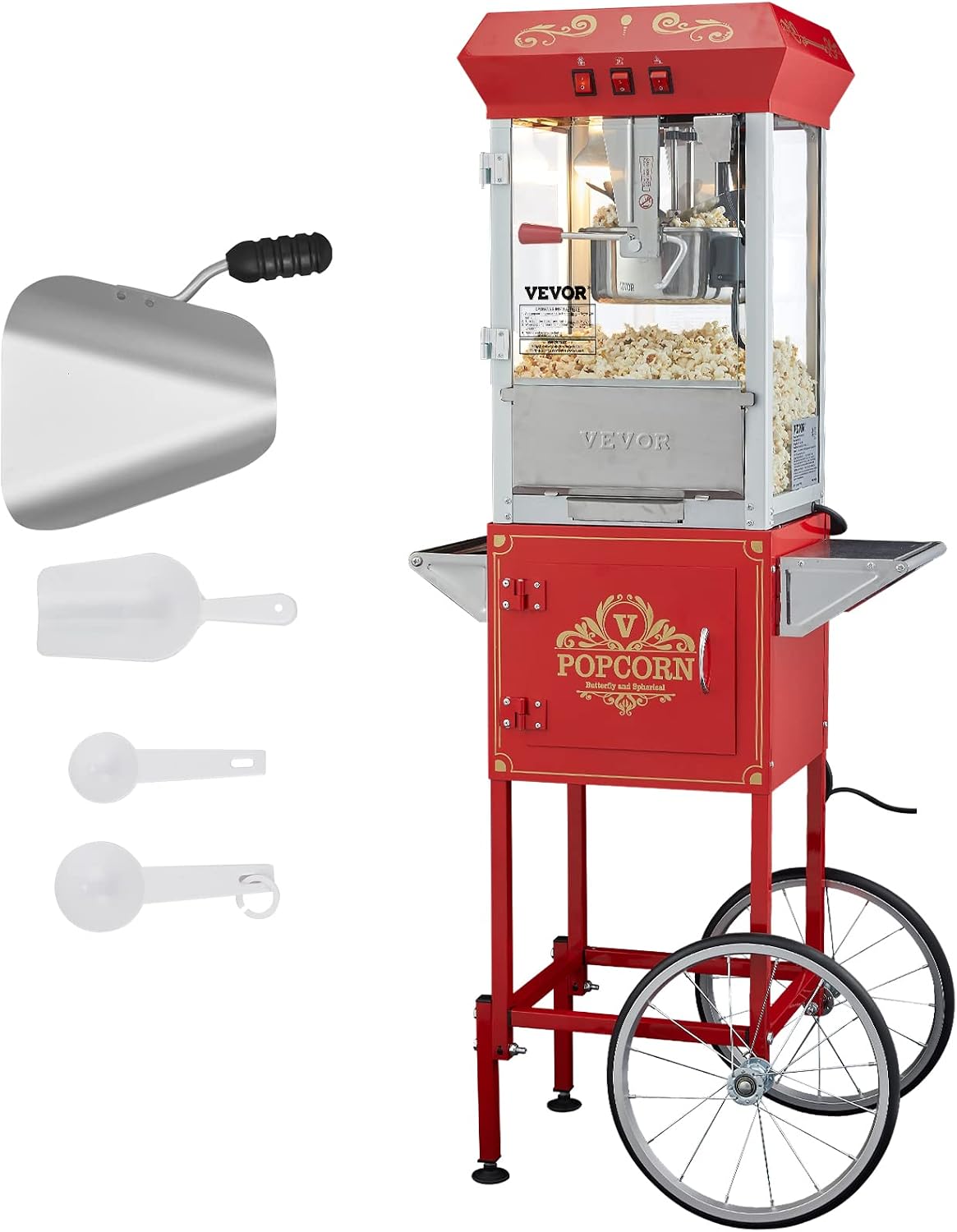 VEVOR Popcorn-Maschinen, 850 W, Rot, Popcornmaschine Popcornautomat Popcorngerät mit Wagen, mit gehärtetem Glas