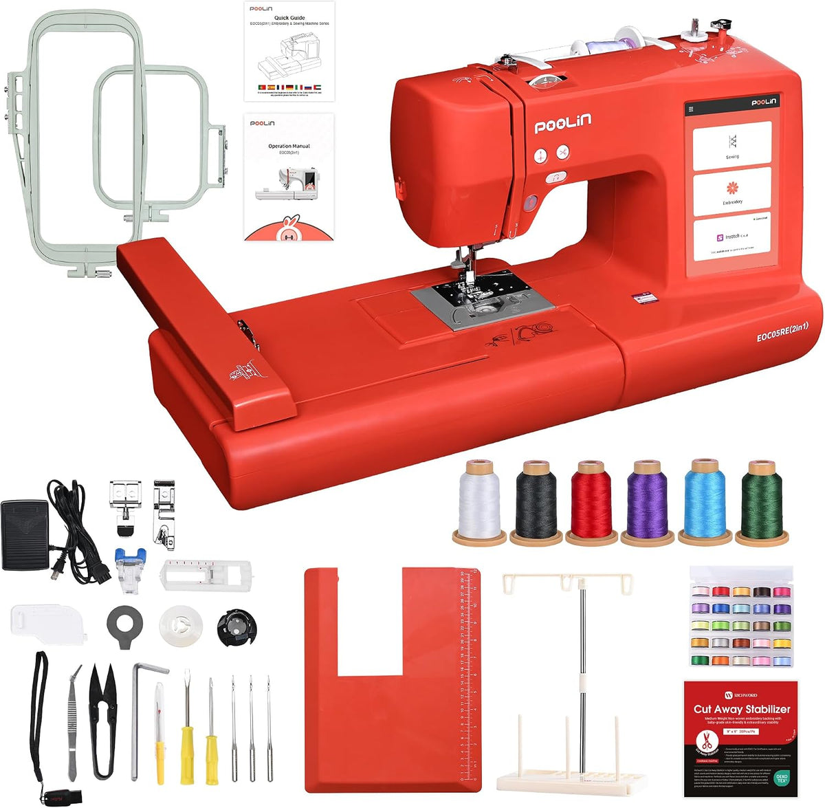Poolin Stickmaschinen, 10 × 23,5 cm, 10 × 10 cm, 7 Zoll, Rot, EOC05 2-in-1 Näh- und Stickmaschine 2026 - - Elektronische