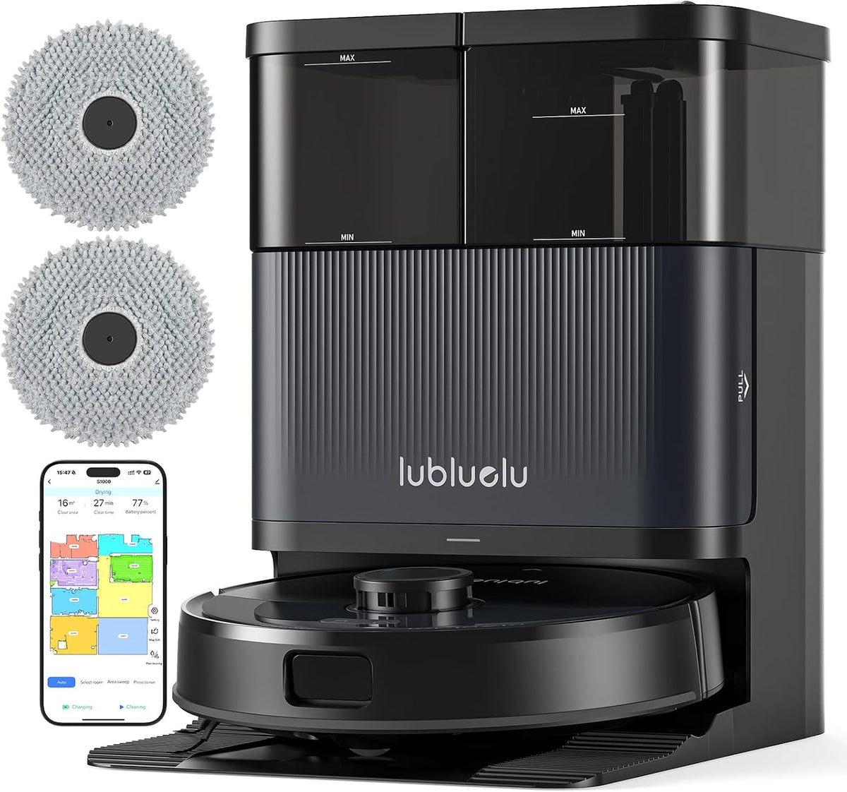 Lubluelu Saugroboter, Schwarz, Mop Outward Expansion, 70-Day Auto-Emptying, Precise Navigation, V-Shaped, 2-In-er Brush Dual Zero-Tangle