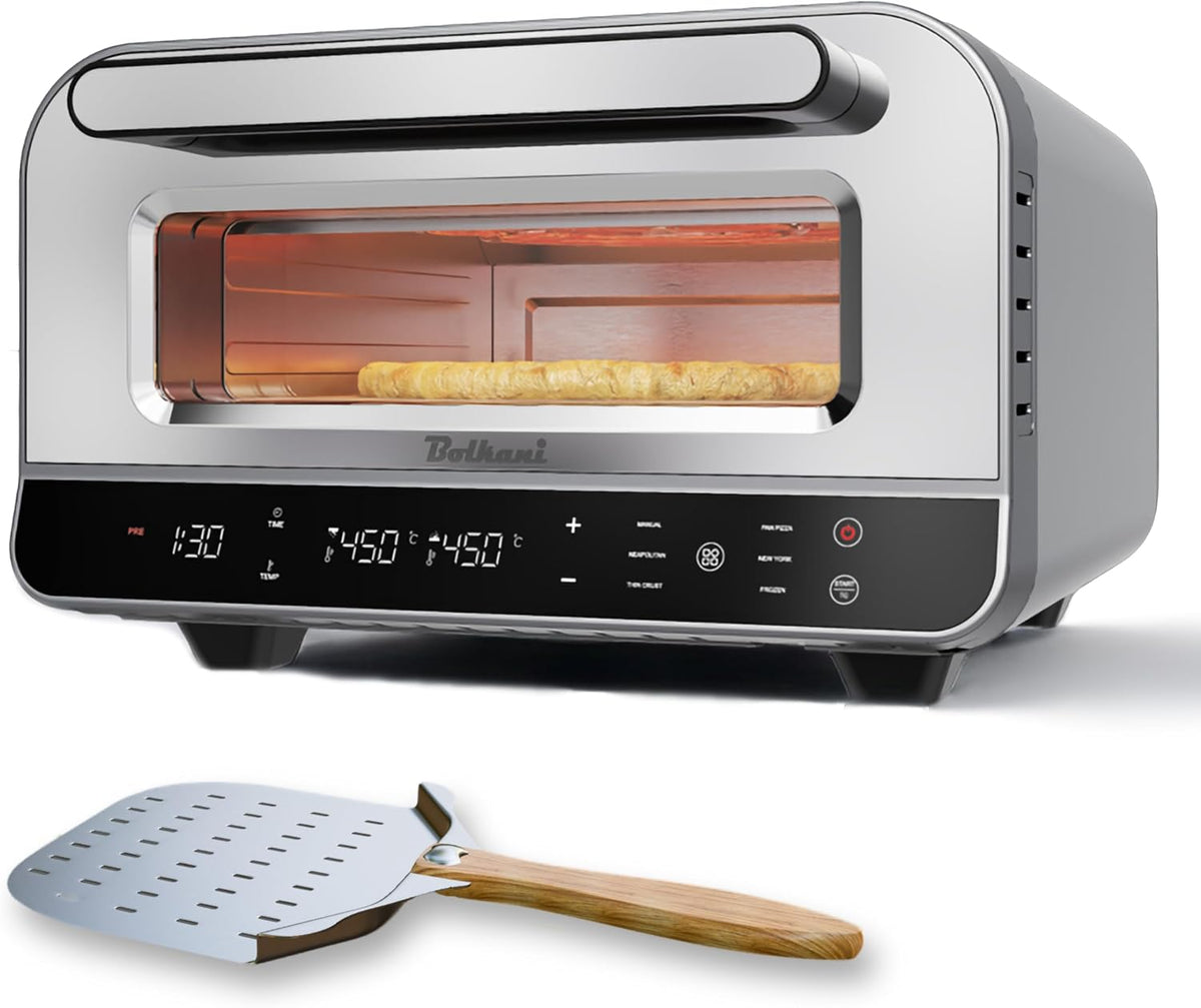 Bolkani Pizzaofen, Silber, Elektrisch 450 Grad mit Pizzastein, Profi Steinofen für Zuhause Indoor, Timer Ober Unterhitze 80-450°C Sichtfenster