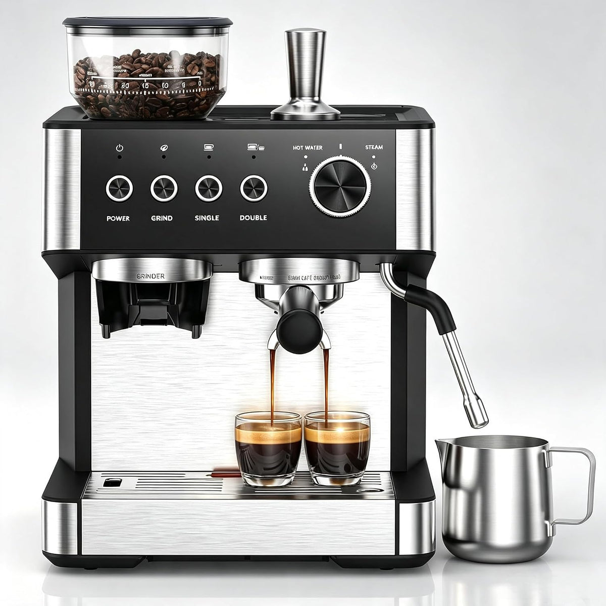 RBFGYIOP Kaffeevollautomat, 20 Bar, 1500 W, 2,3 L, Schwarz/Silber, Kaffeemaschine mit Mahlwerk und Milchschäumer