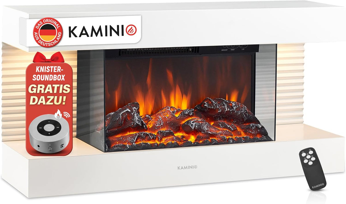 KAMINIO Elektrokamin, Weiß, Liz - Elektrischer Wandkamin mit Heizung, 3D-Flammeneffekt, LED-Ambientelicht, Fernbedienung