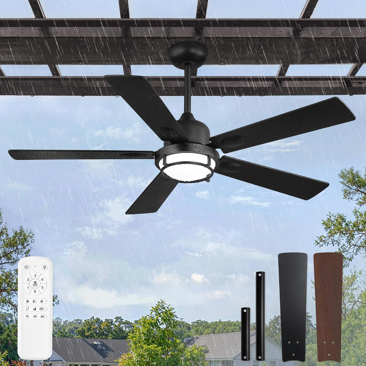 Glowivia Deckenventilator, Weiß, für den Außenbereich, mit Lichtern, zum Einstecken mit 3CCT-Fernbedienung, 6 Geschwindigkeiten