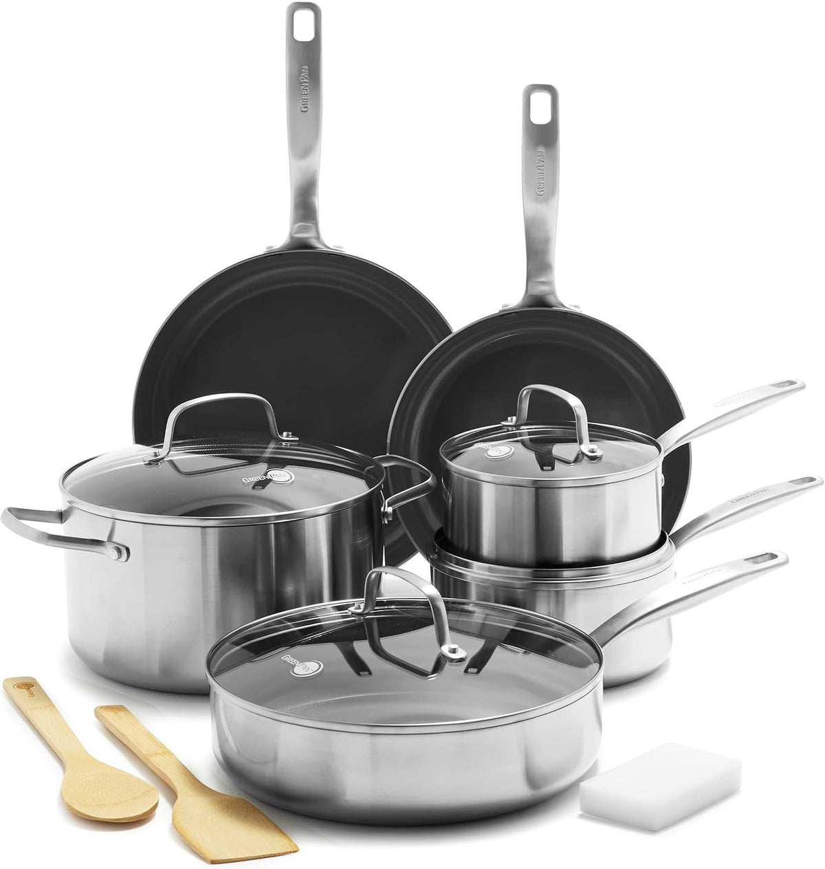 GreenPan Topf- & Pfannensets, Silber, Chatham 3-lagiges Edelstahl-Kochgeschirr-Set, gesunde Keramik, antihaftbeschichtet