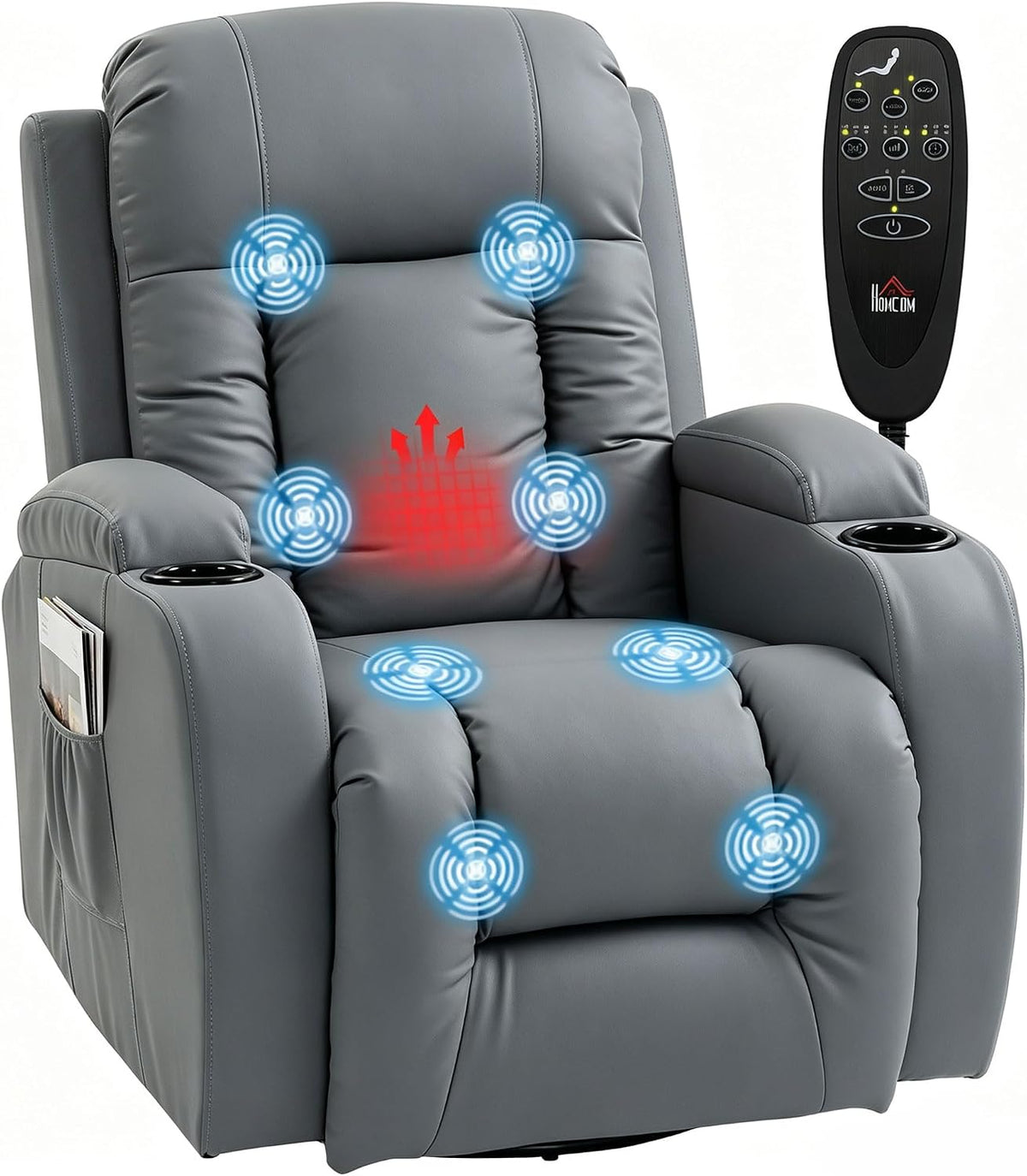 HOMCOM Relaxsessel, Grau, Verstellbar mit Liegefunktion Heizung Hell, Massagesessel, Drehbar Fernsehsessel mit Wippfunktion