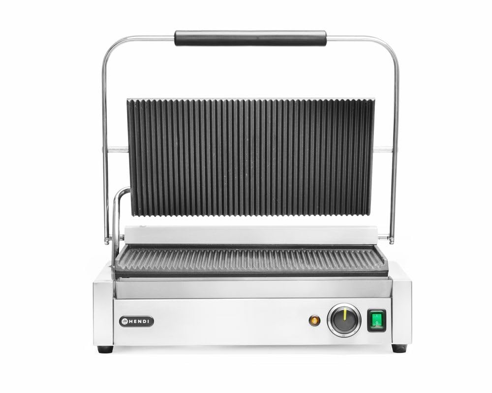HENDI Elektrische Tischgrills, 2700 W, 210 mm, 230 V, Silber, Kontaktgrill XL, Panini-, sandwich- & Kontaktgrill, Regelbar bis max. 300°C