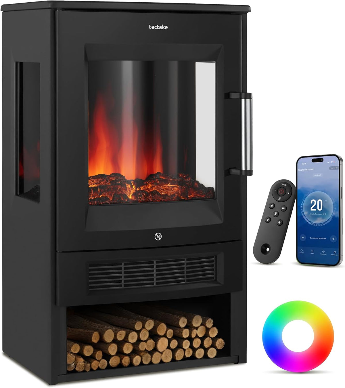 tectake Elektrokamin, 900 W / 1800 W, 1800 W, 900 W, Schwarz, ® mit 2 Heizstufen /, elektrischer Kamin mit 3D-Flammeneffekt Kaminfeuer in 8
