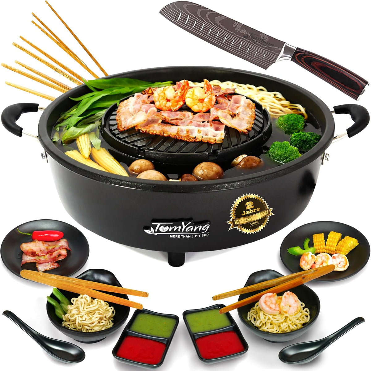 TomYang Elektrogrill, Grau, Elektrischer Hot Pot inkl. Premium Zubehör, Santoku Messer, 6 Grillzangen und Asia Fondue Geschirr für Thai Grill