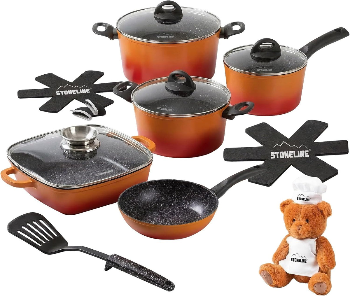STONELINE Backofen, 24 cm, Orange, Kochgeschirr Set 15-teilig 18/20/ Pfannen und Töpfe Set mit, Topfset Induktion Antihaft Beschichtet mit echten