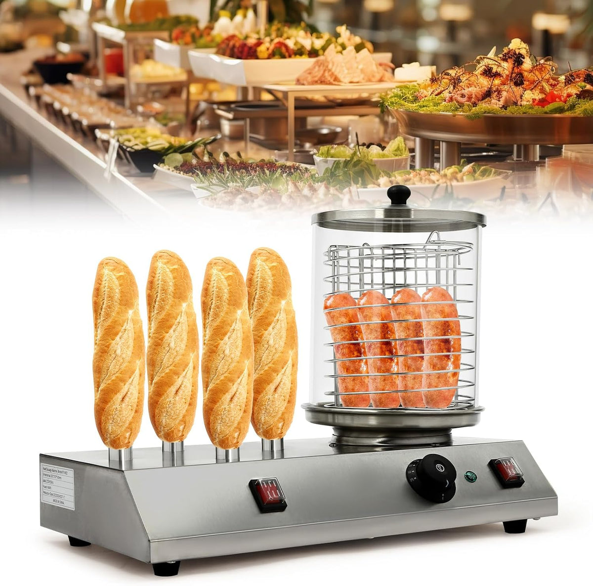 OMGGYER Hot Dog-Maschinen, 494 W, Glas, 201 Edelstahl, Aluminium, Silber, Hot Dog Maker Machine Elektrische Würstchenwärmer