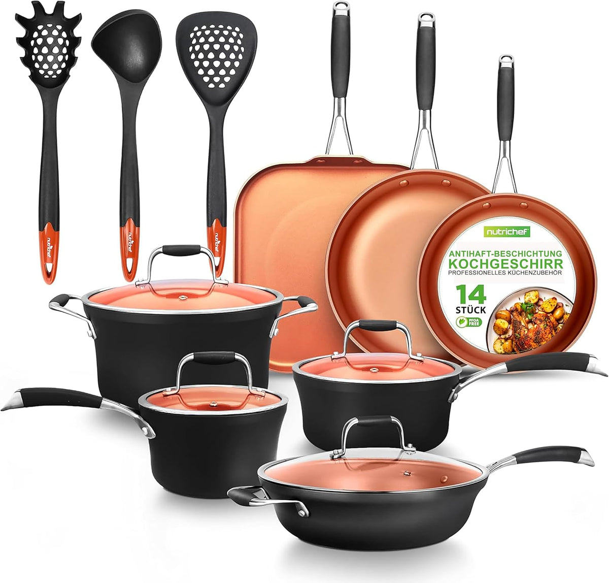 NutriChef Topf- & Pfannensets, Schwarz, NCCWALN14 14-Piece Copper Non-Stick Cookware Set, harteloxierte Optik, hitzebeständiger Lack außen