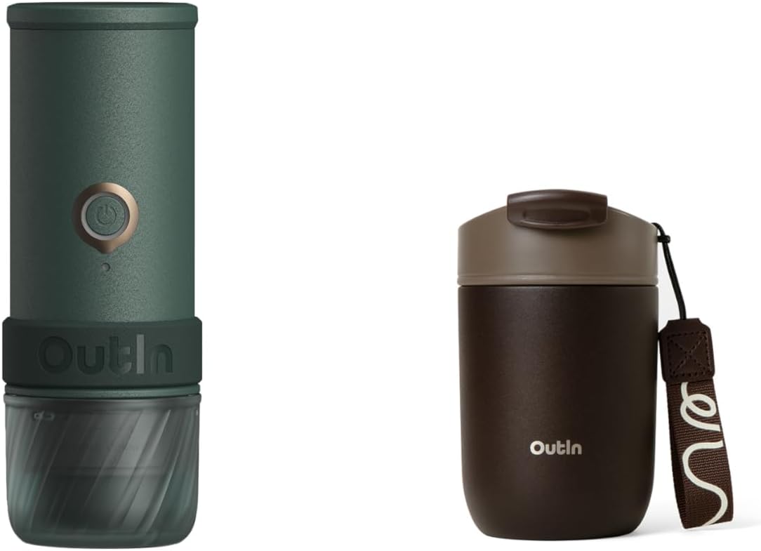 OutIn Kaffeemaschine, Schwarz/Silber, Mino Tragbare Elektrische Espressomaschine Thermobecher