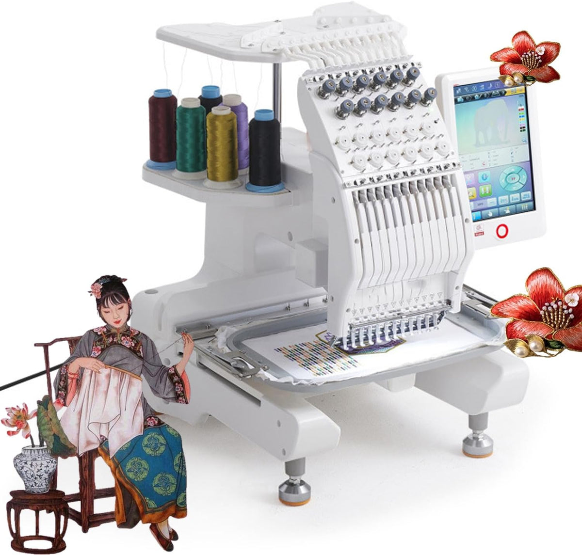 Stickmaschine, Schwarz, mit großer Fläche, hoher Geschwindigkeit, mehreren Funktionen, USB-Mustern und LCD-Display für den gewerblichen oder