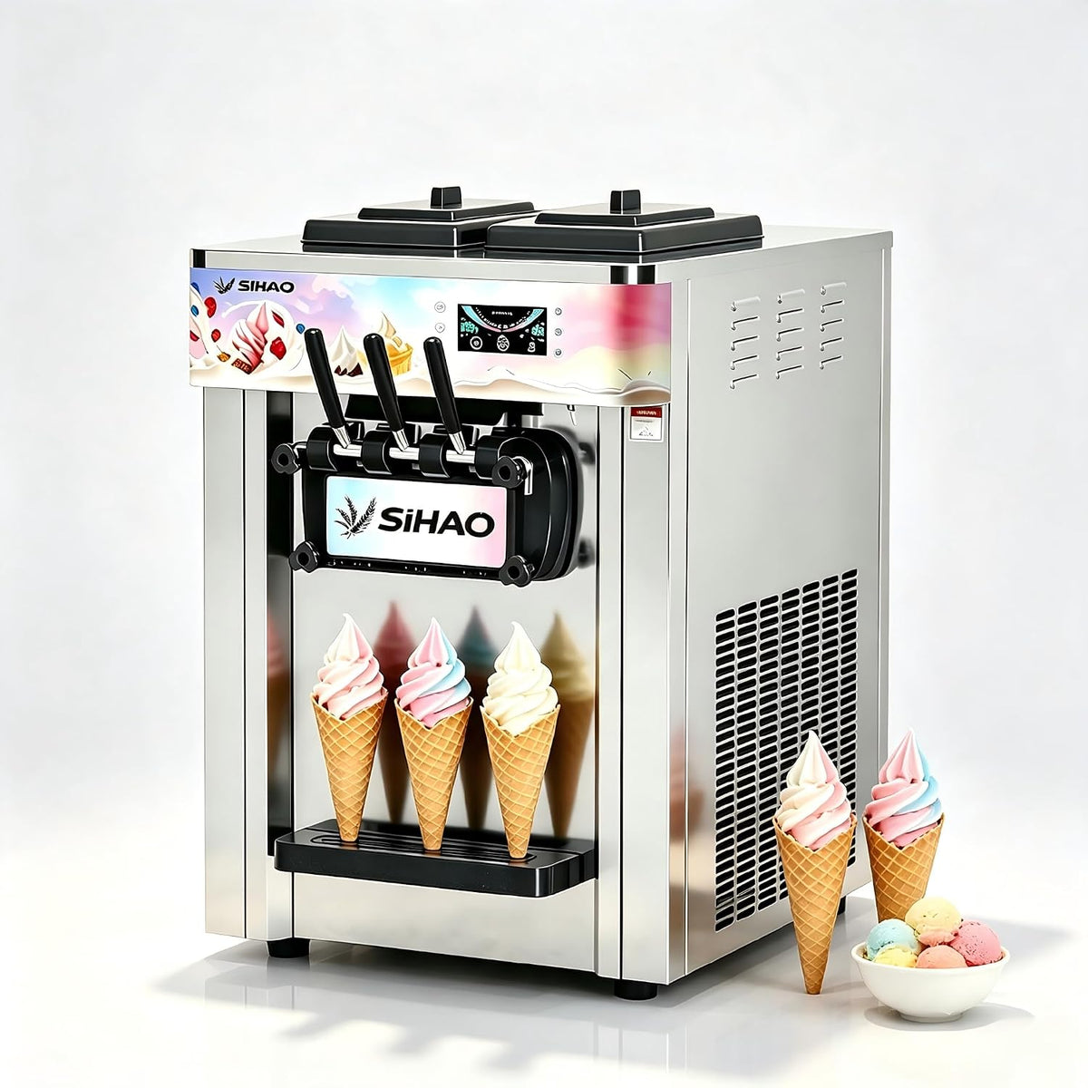 Furvveerr Eismaschine, 2200 W, 28 L, 4 L, Grau, Professionelle Soft Gewerblich, 20- /h Eisleistung, 3 Geschmacksrichtungen Soft Serve mit 2× Behälter
