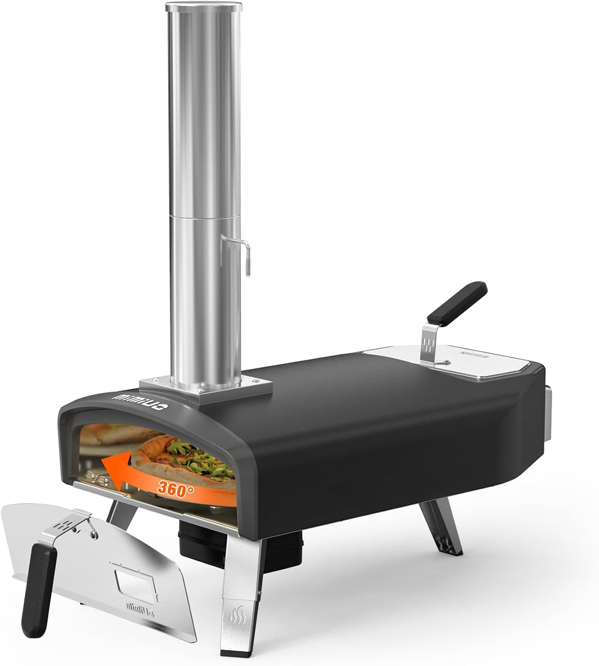 Mimiuo Pizzaofen, 33 cm, Braun, Outdoor mit Drehfunktion und Runde Pizzasteine, Tragbarer Pizza Ofen für Holzkohle und Brennholz